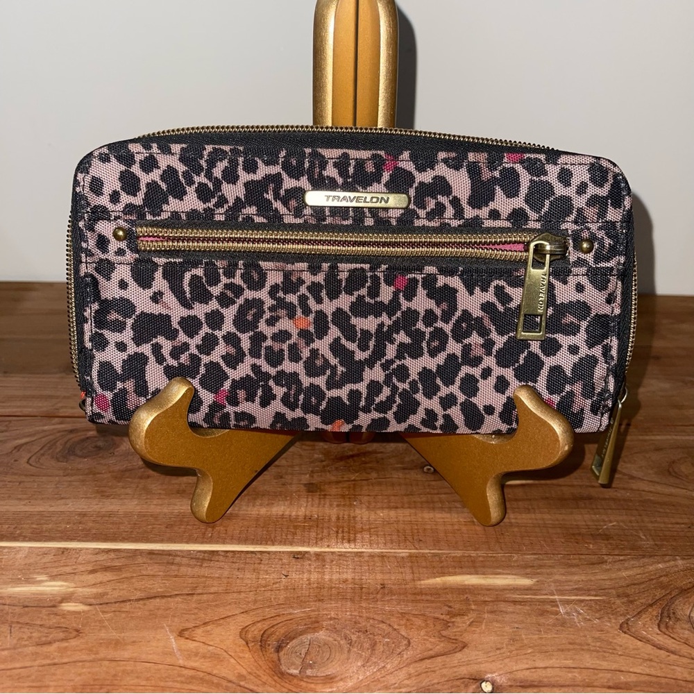 TRAVELON Zip Around Wallet Leopard Animal Print Taupe Pink RFID Safe